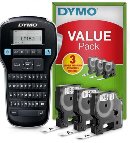 Dymo LabelManager 160 handheld label maker for office use, with keyboard and label tape visible in the image.