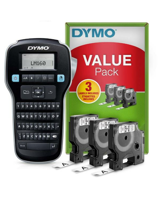 Dymo LabelManager 160 handheld label maker for office use, with keyboard and label tape visible in the image.