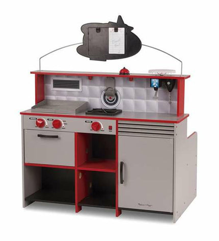 Melissa & Doug toy restaurant kitchen set, colorful pretend play kitchen with stove, sink, and countertop, for kids' imaginative play.