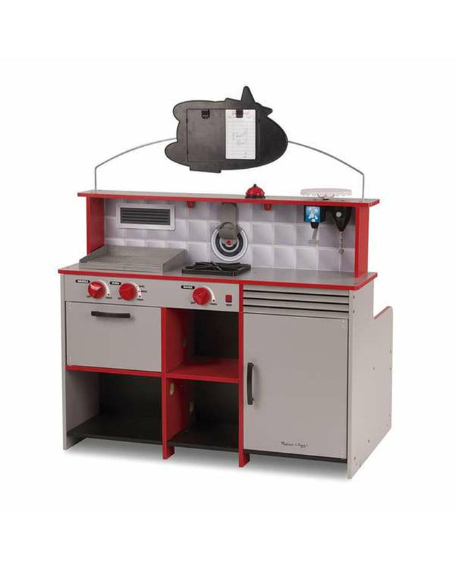 Melissa & Doug toy restaurant kitchen set, colorful pretend play kitchen with stove, sink, and countertop, for kids' imaginative play.