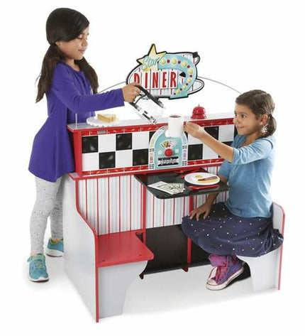 Melissa & Doug toy restaurant play kitchen with stove, sink, and storage, measuring 108x66x18 cm, part of BigBuy Fun's imaginative games.