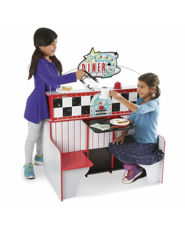 Melissa & Doug toy restaurant play kitchen with stove, sink, and storage, measuring 108x66x18 cm, part of BigBuy Fun's imaginative games.