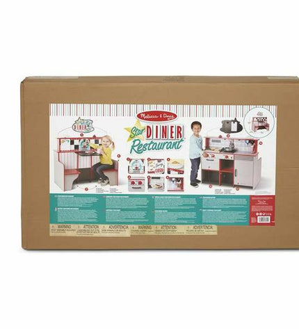 Melissa & Doug toy play kitchen with restaurant design, measuring 108 x 66 x 18 cm, for imaginative pretend play.