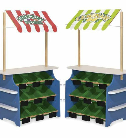 Melissa & Doug toy grocery and lemonade stand set, colorful play food and accessories on a large pretend supermarket counter.