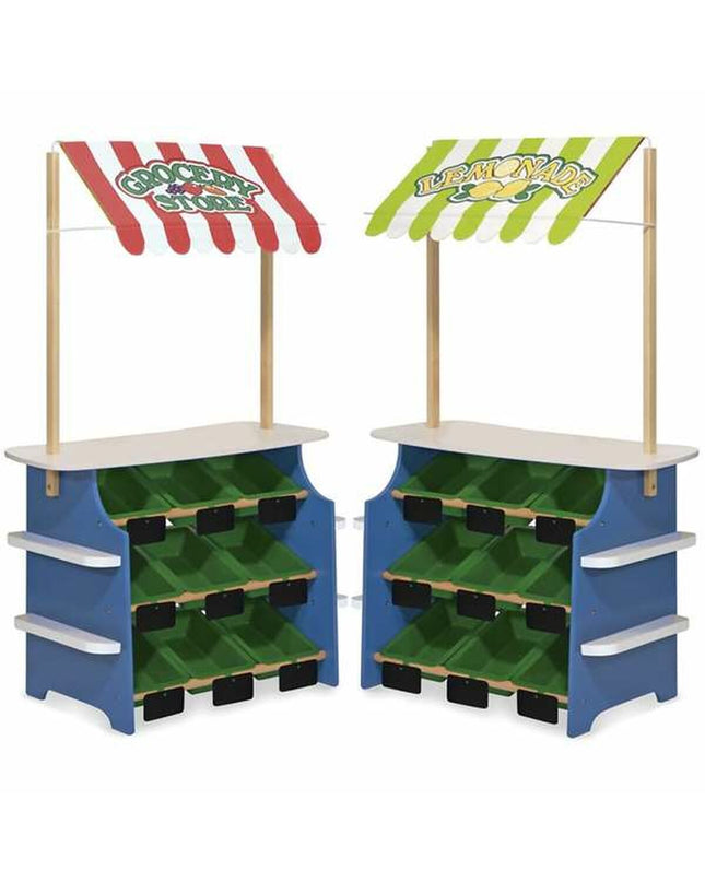 Melissa & Doug toy grocery and lemonade stand set, colorful play food and accessories on a large pretend supermarket counter.