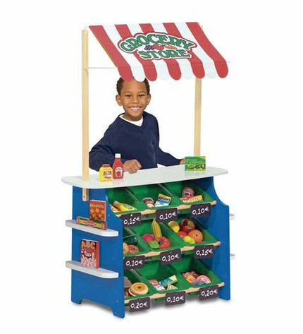 Melissa & Doug grocery and lemonade play set, toy supermarket with shelves, cash register, and food items for imaginative play.