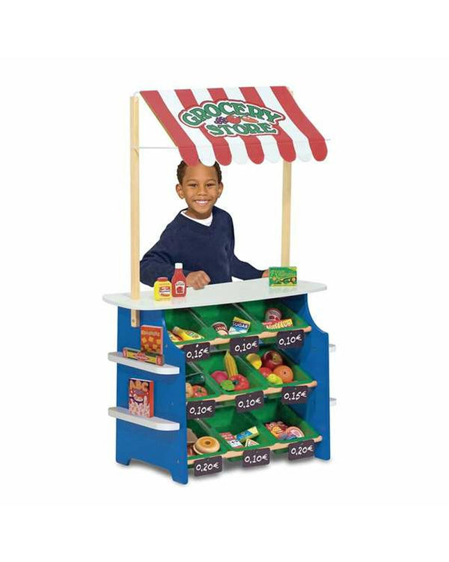Melissa & Doug grocery and lemonade play set, toy supermarket with shelves, cash register, and food items for imaginative play.