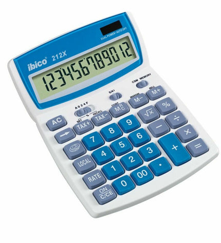 Ibico blue and white calculator, office electronics and stationery, showing its digital display and keypad.
