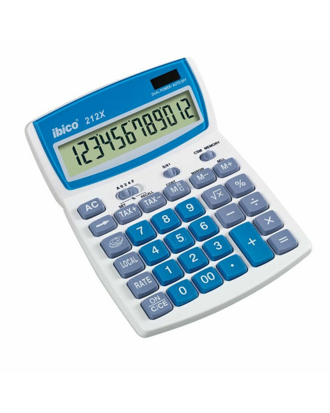 Ibico blue and white calculator, office electronics and stationery, showing its digital display and keypad.