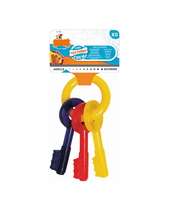 Nylabone bacon-flavored dog chew toy shaped like keys, small size, made of durable nylon for puppies and small dogs.