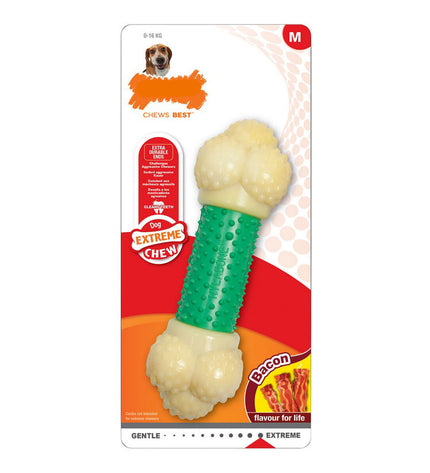 Nylabone Extreme Chew Double Action Bacon Munt XL dog chew toy made of rubber and nylon for aggressive chewers.