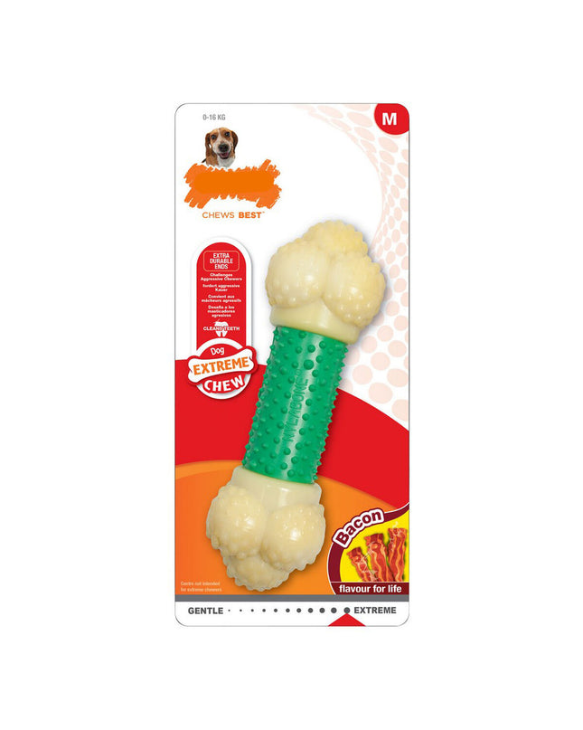 Nylabone Extreme Chew Double Action Bacon Munt XL dog chew toy made of rubber and nylon for aggressive chewers.