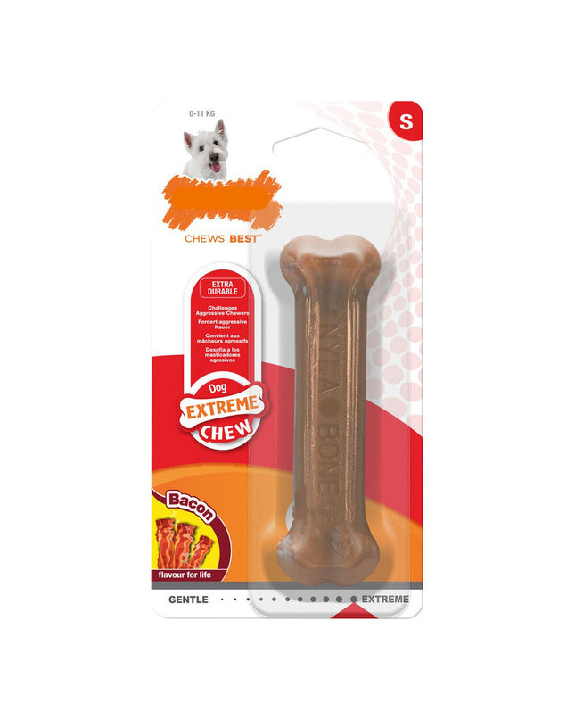 Nylabone Dura Chew Bacon dog chew toy in small size, durable nylon dog toy for teething and chewing fun.