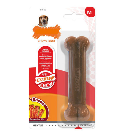 Nylabone Dura Chew Bacon dog chew toy in size M made of durable nylon for aggressive chewers.