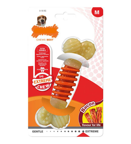 Nylabone Extreme Chew Pro Action Bacon dog chew toy in size M, made of durable nylon for strong chewers.