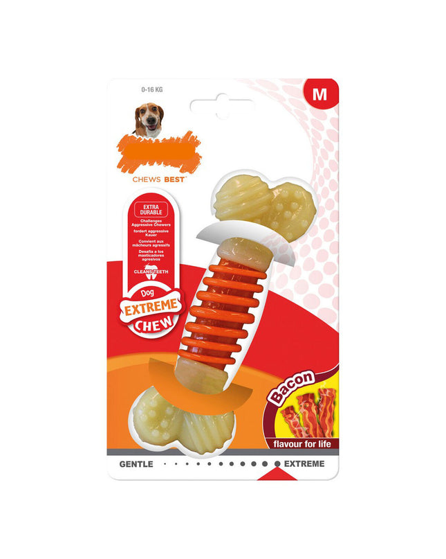 Nylabone Extreme Chew Pro Action Bacon dog chew toy in size M, made of durable nylon for strong chewers.