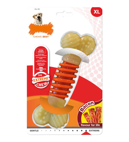 Nylabone Extreme Chew Pro Action dog chew toy in white and red bacon flavor, designed for strong chewers.