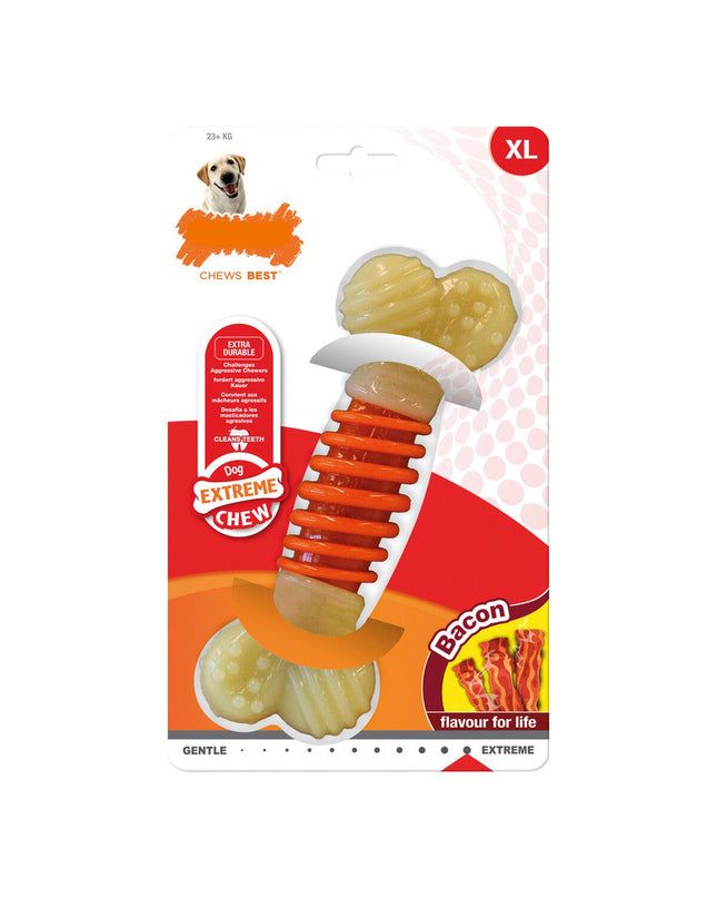 Nylabone Extreme Chew Pro Action dog chew toy in white and red bacon flavor, designed for strong chewers.