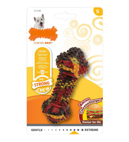 Nylabone Strong Chew Bacon Cheese Hamburgers rubber dog chew toy in size S for strong chewers, made for dogs.