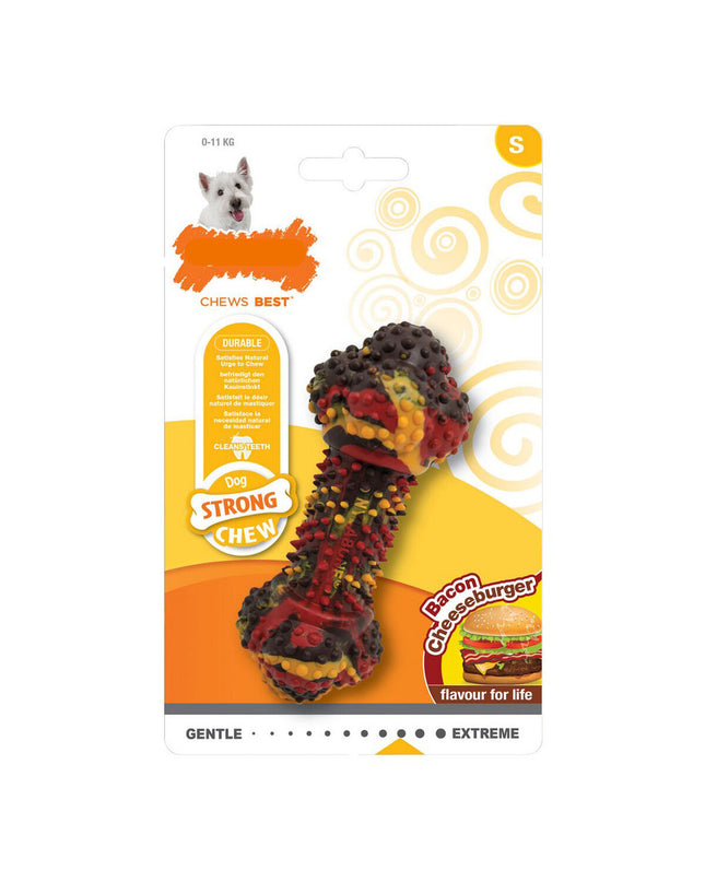 Nylabone Strong Chew Bacon Cheese Hamburgers rubber dog chew toy in size S for strong chewers, made for dogs.