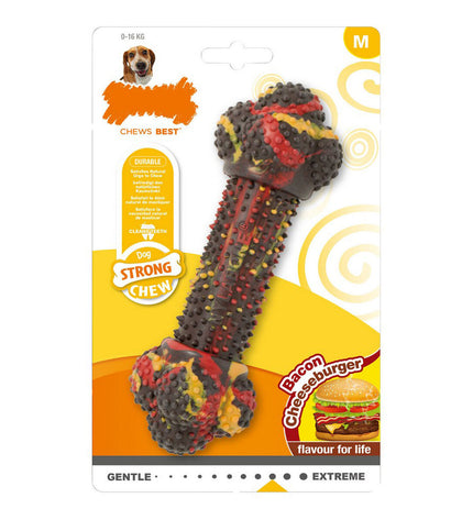 Nylabone strong multicolour cheese bacon hamburger dog chew toy, durable and suitable for aggressive chewers.