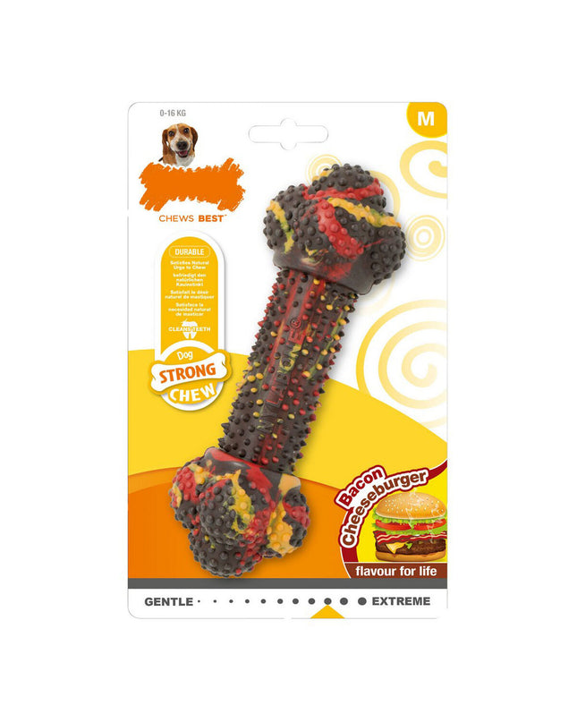 Nylabone strong multicolour cheese bacon hamburger dog chew toy, durable and suitable for aggressive chewers.