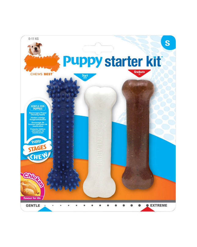 Nylabone Extreme Chew Starter Kit for puppies with kip-flavored nylon dog toys, includes three durable chew items for puppies.