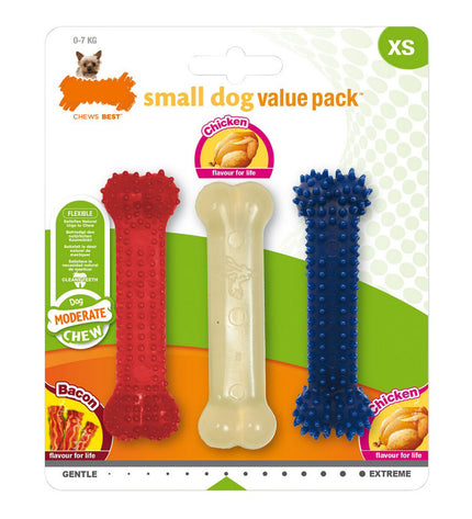Nylabone dog chew toys in bacon and chicken flavors, small size, thermoplastic material, part of Nylabone Value Pack for dogs.