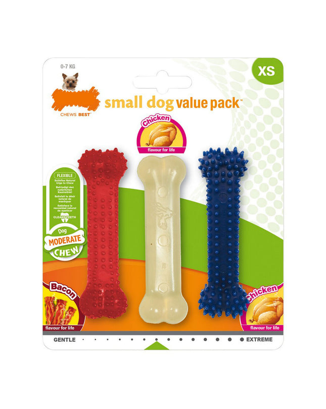 Nylabone dog chew toys in bacon and chicken flavors, small size, thermoplastic material, part of Nylabone Value Pack for dogs.