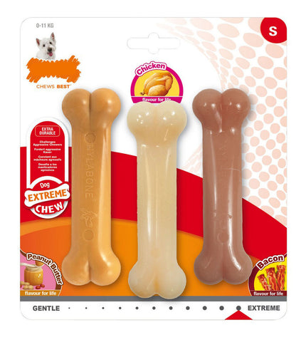 Nylabone dog chew toys in bacon, peanut butter, and chicken flavors, small size, made of durable nylon, in a pack of three.