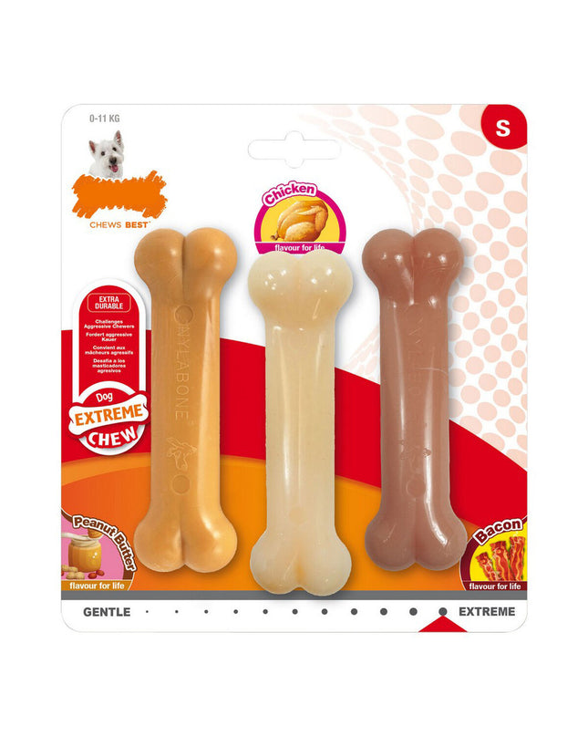 Nylabone dog chew toys in bacon, peanut butter, and chicken flavors, small size, made of durable nylon, in a pack of three.