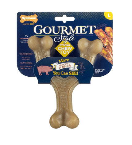 Nylabone dog chew toy in brown bacon flavor, durable plastic bone for dogs to chew and chew in natural dog play.