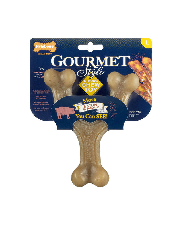 Nylabone dog chew toy in brown bacon flavor, durable plastic bone for dogs to chew and chew in natural dog play.
