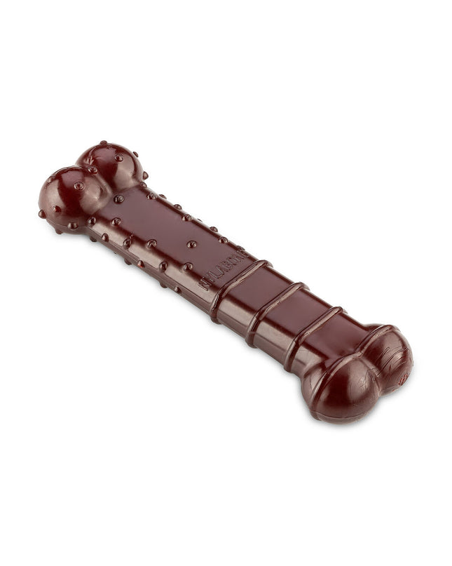 Nylabone Bruin Bacon dog chew toy, durable pet product for dogs, shown in close-up with textured surface for chewing.