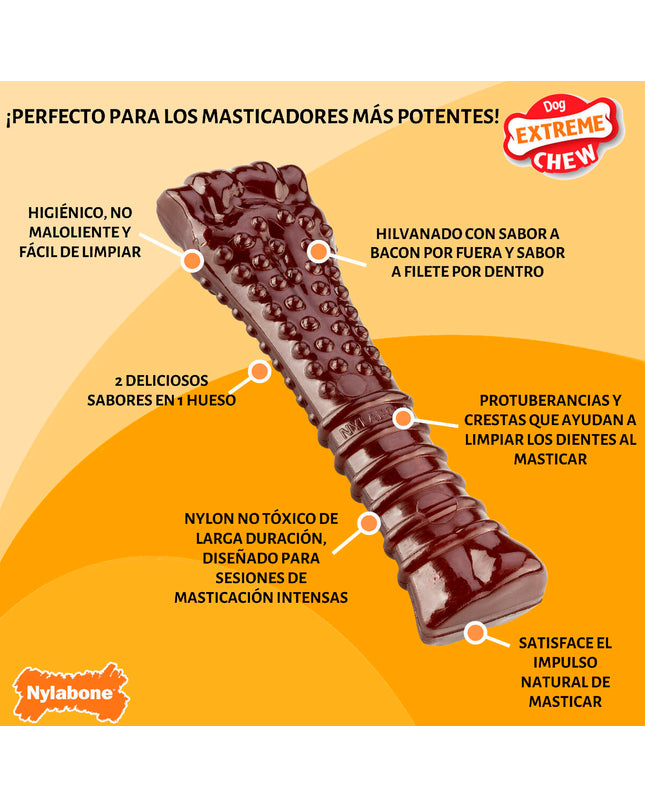 Nylabone Bruin Bacon XL dog chew toy, durable nylon bone for large dogs, with bacon flavor for chewing and dental health.