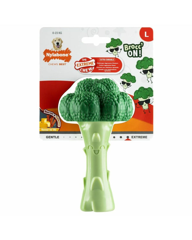 Green Nylabone dog chew toy with cheese and bacon flavor, durable nylon material for canine dental health and chewing fun.