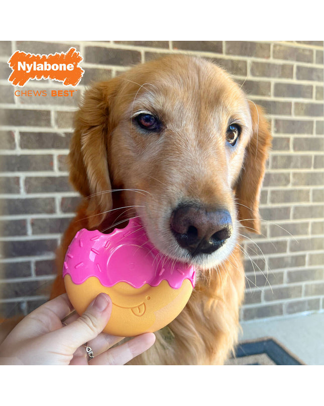 Pink Nylabone dog chew toy with bacon flavor, designed for dogs to chew and play.