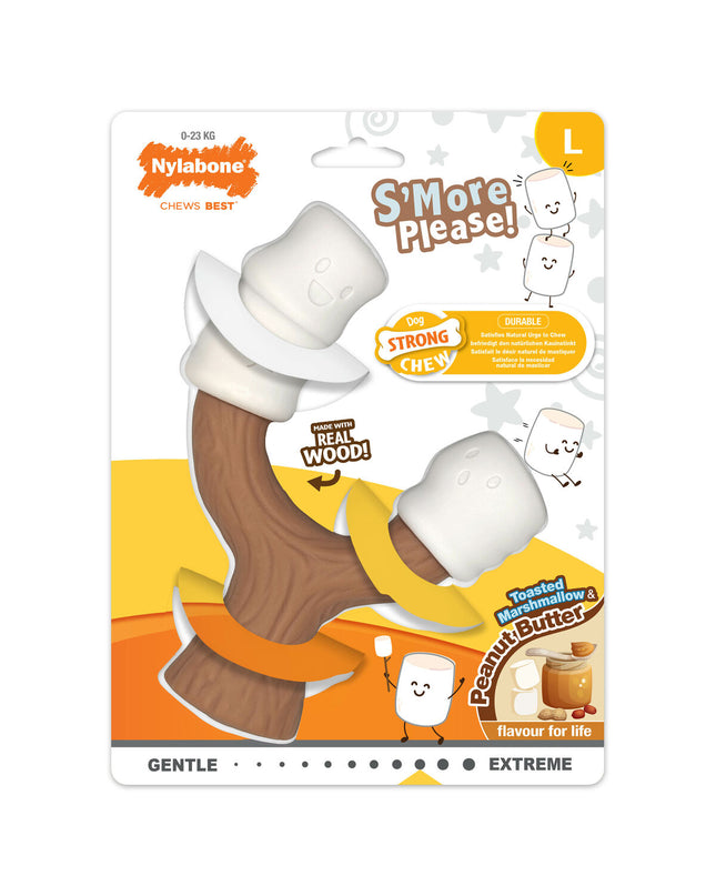 Nylabone peanut butter flavored dog chew toy in brown, designed for dogs to chew and promote dental health.