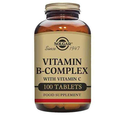 Solgar B-Complex and Vitamin C supplement bottles with label, 100 capsules, in health and personal care setting.