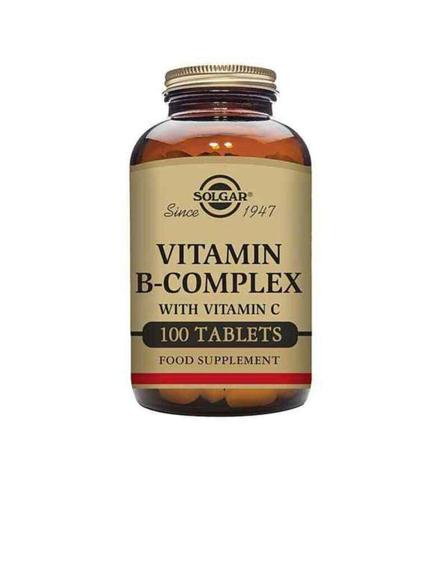 Solgar B-Complex and Vitamin C supplement bottles with label, 100 capsules, in health and personal care setting.