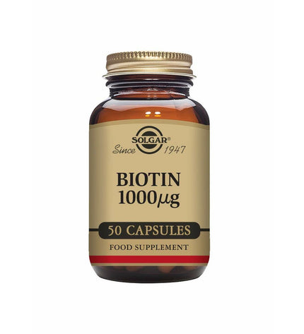 Solgar Biotine dietary supplement bottle with 50 capsules, health and personal care product for hair and skin support.
