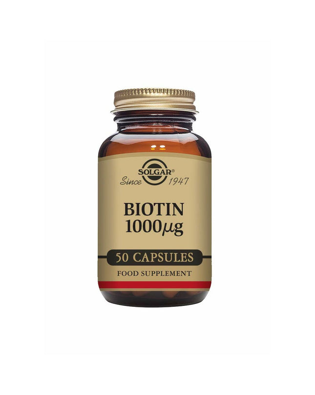 Solgar Biotine dietary supplement bottle with 50 capsules, health and personal care product for hair and skin support.