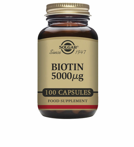 Solgar Biotine dietary supplement bottle with 100 capsules, health and personal care product for hair, skin, and nail support.