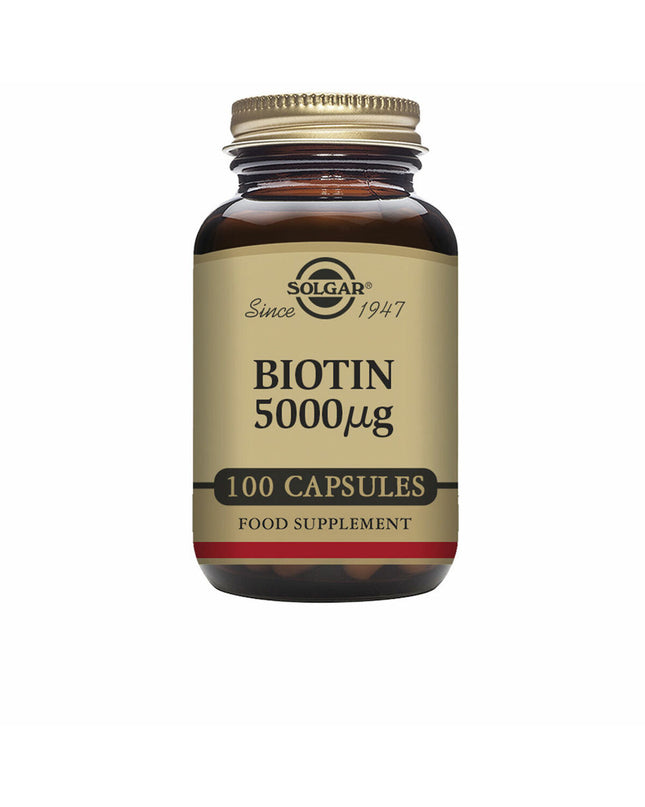 Solgar Biotine dietary supplement bottle with 100 capsules, health and personal care product for hair, skin, and nail support.