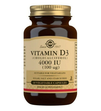 Solgar Vitamin D3 capsules in green container, 60 softgel supplements for health and wellness.