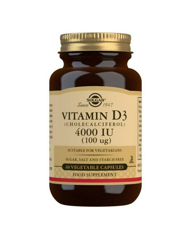 Solgar Vitamin D3 capsules in green container, 60 softgel supplements for health and wellness.