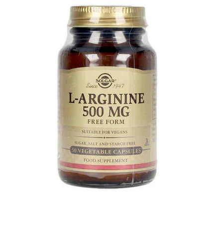 Solgar L-arginine supplement bottle with 50 capsules, health and personal care product for dietary and nutritional support.