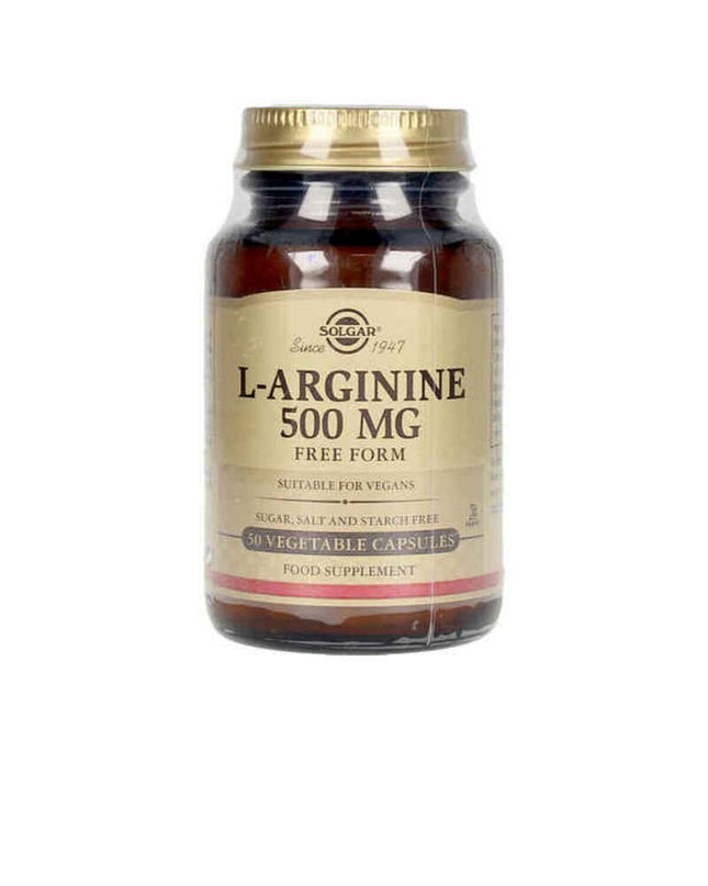 Solgar L-arginine supplement bottle with 50 capsules, health and personal care product for dietary and nutritional support.