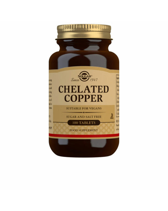 Solgar chelated copper supplement bottle with 100 capsules, health and personal care vitamin and mineral product.