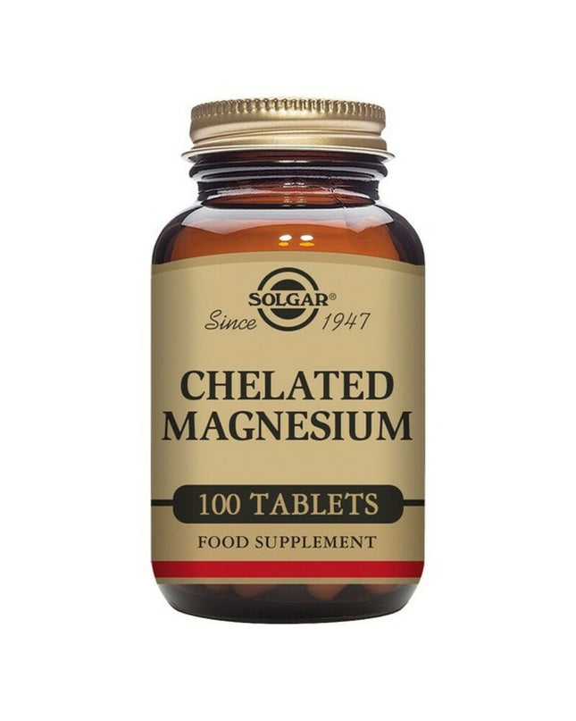 Solgar Gechelateerd Magnesium supplement bottles showing 100 capsules for health and mineral support.